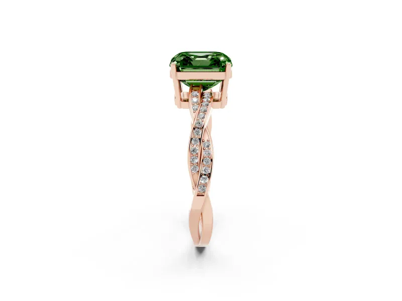 Fancy Green Asscher Cut Diamond Solitaire Twisted Pavé Ring Set in Rose gold with Prong Setting