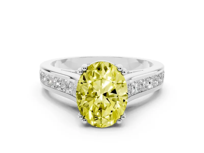 Fancy Yellow Oval Cut Diamond Channel Set Solitaire Engagement Ring Set in White gold with Prong Setting