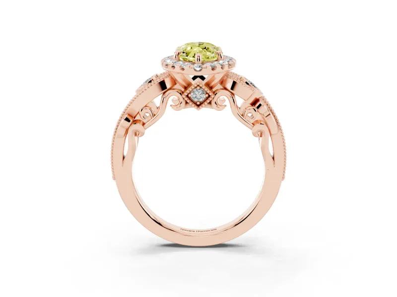 Fancy Yellow Marquise Cut Diamond Halo Ring Set in Rose gold with Milgrain Pavé Band and Prong Setting