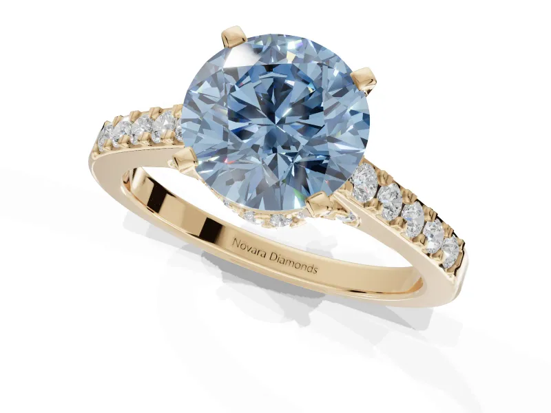 Round Pavé Solitaire Engagement Ring Setting for a Fancy Blue Lab-Grown Diamond | Crossover Gallery | Yellow Gold