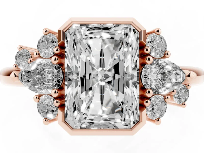 Radiant Cut Pear Side Stone Cluster Engagement Ring Setting | Bezel Frame | Rose Gold