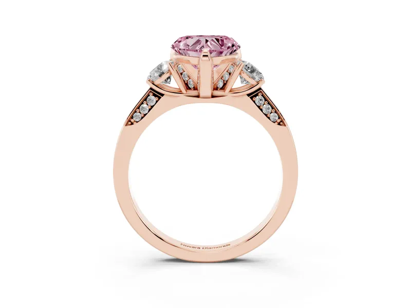 Heart-Shaped Hidden Halo Three Stone Engagement Ring Setting for a Fancy Pink Lab-Grown Diamond | Rose Gold