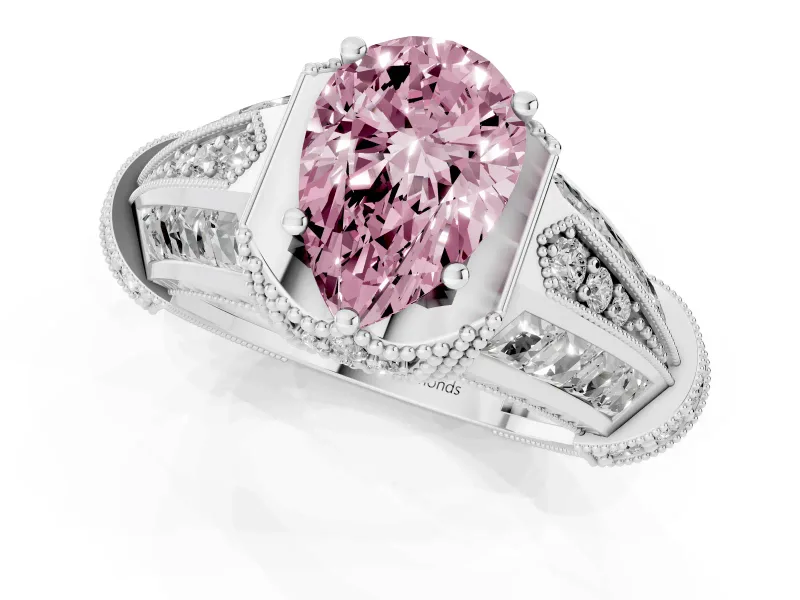 Fancy Pink Pear Cut Diamond Vintage-Inspired Milgrain Ring Set in Platinum with Accent Split Shank