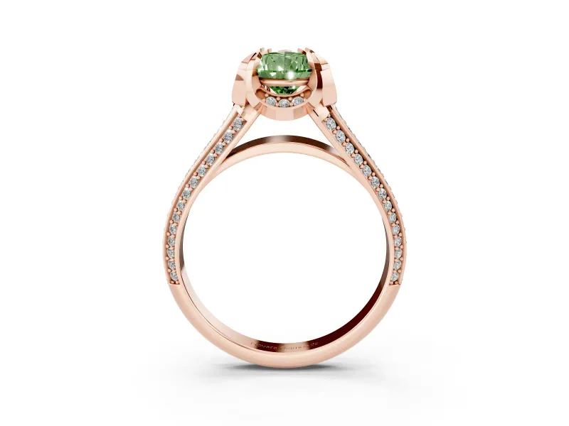 Fancy Green Pear Cut Diamond Pavé Split Shank Solitaire Ring Set in Rose gold with Prong Setting