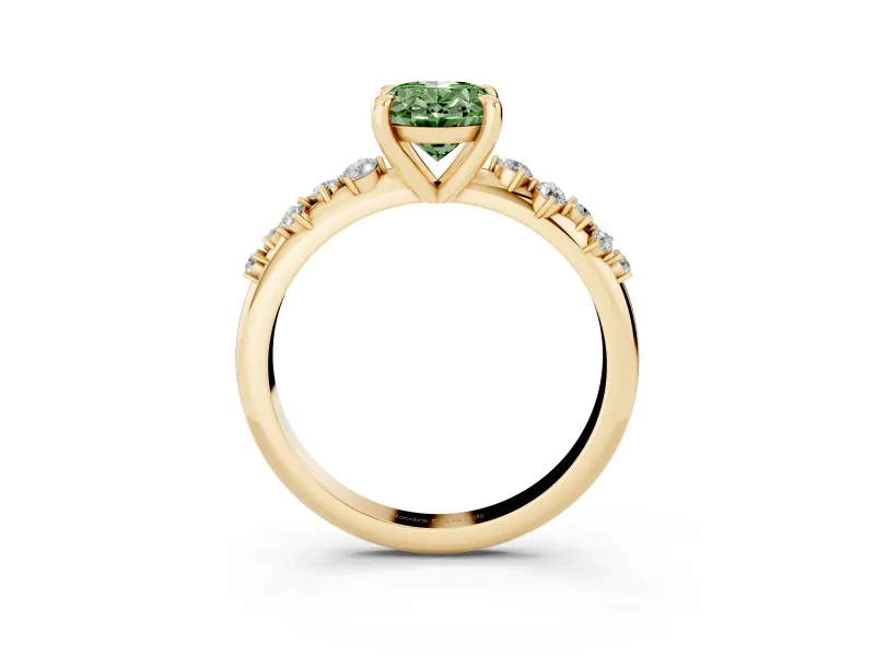Fancy Green Oval Cut Diamond Solitaire Vine Band Ring Set in Yellow gold with Round Accents and Prong Setting