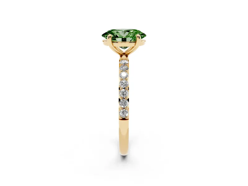 Fancy Green Oval Cut Diamond Solitaire Ring Set in Yellow gold with Round Pavé Band and Prong Setting