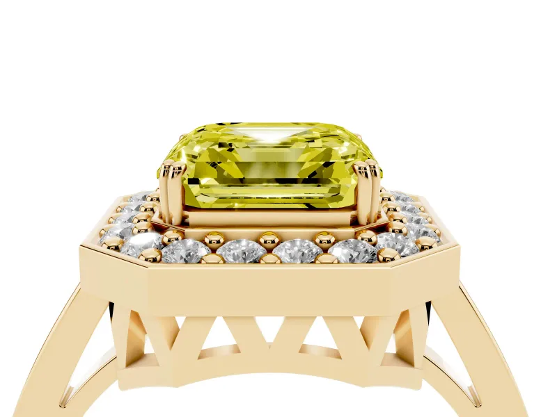 Asscher Cut Halo Engagement Ring Setting for a Fancy Yellow Lab-Grown Diamond | Polished Halo Rim | Yellow Gold
