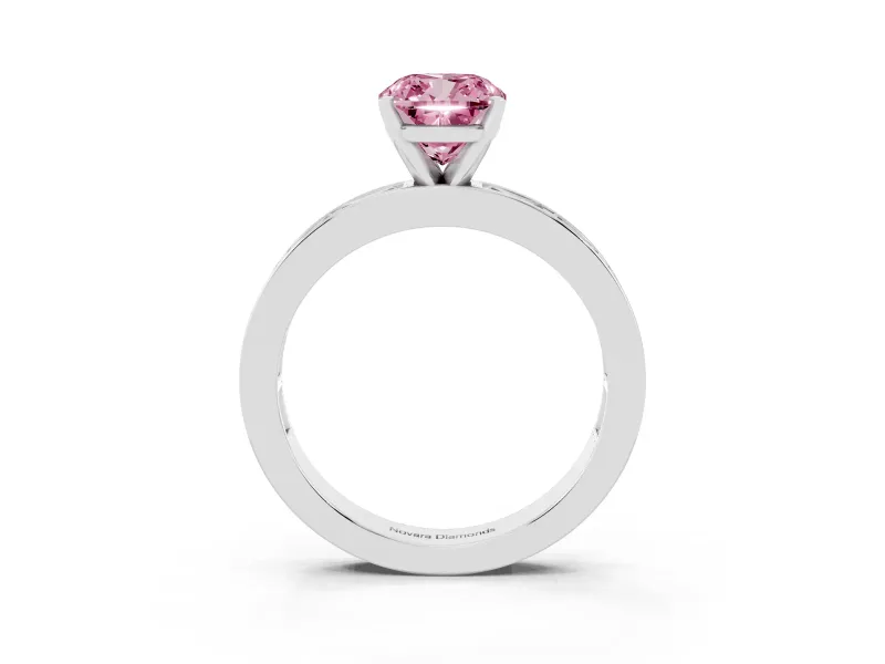 Fancy Pink Cushion Cut Diamond Solitaire Ring Set in Silver with Channel-Set Baguette Band and Prong Setting