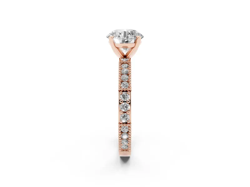 Round Vintage Pavé Solitaire Engagement Ring Setting | Milgrain Edges | Rose Gold