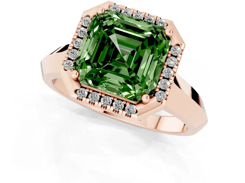 Fancy Green Asscher Cut Diamond Halo Ring Set in Rose gold with Cathedral Band and Prong Setting