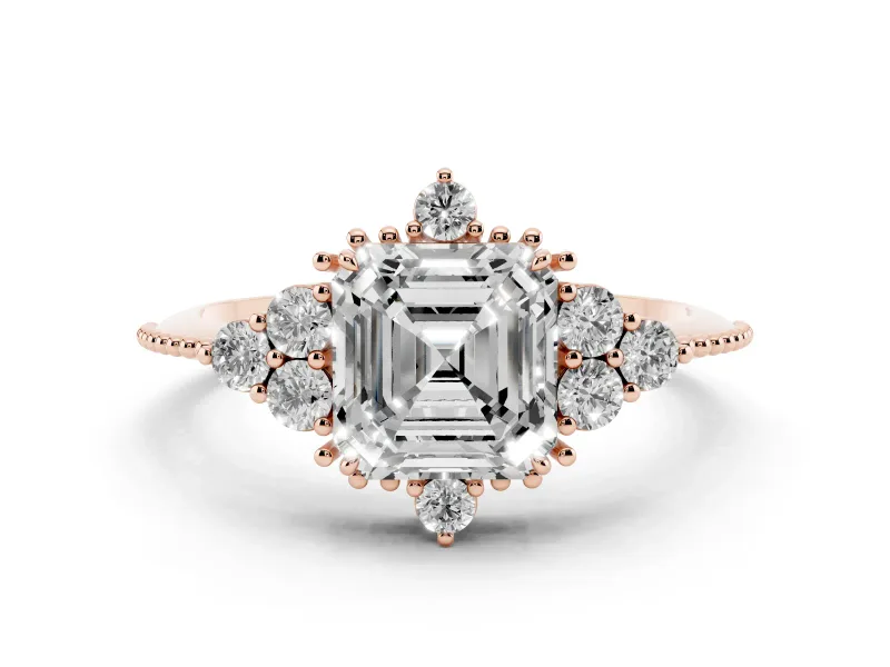Asscher Cut Diamond Cluster Ring Set in Rose gold with Beaded Band