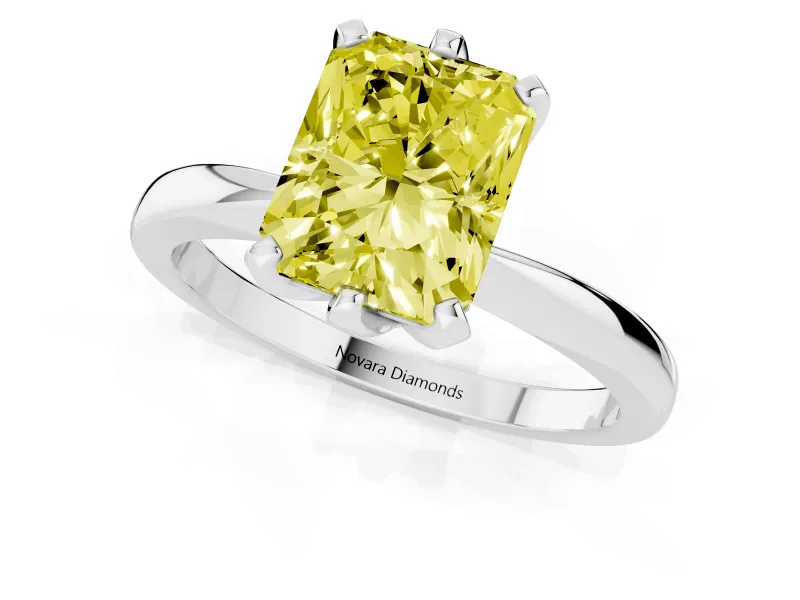 Fancy Yellow Radiant Cut Diamond Solitaire Engagement Ring Set in Silver with Slim Tapered Solitaire Band