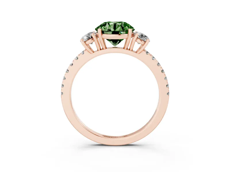 Fancy Green Round Cut Diamond Three-Stone Ring Set in Rose gold with Pavé Band and Graduated Sides