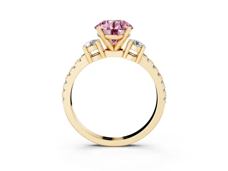 Fancy Pink Three-Stone Round Cut Diamond Pavé Band Ring Set in Yellow gold with Prong Setting