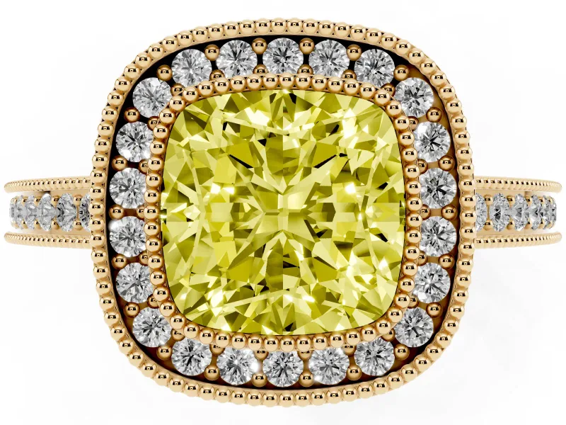 Cushion Cut Milgrain Halo Engagement Ring Setting for a Fancy Yellow Lab-Grown Diamond | Yellow Gold