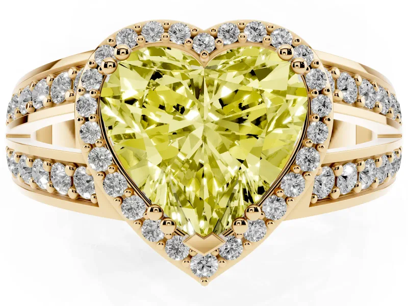 Fancy Yellow Heart Cut Diamond Halo Ring Set in Yellow gold with Double Pavé Split Shank