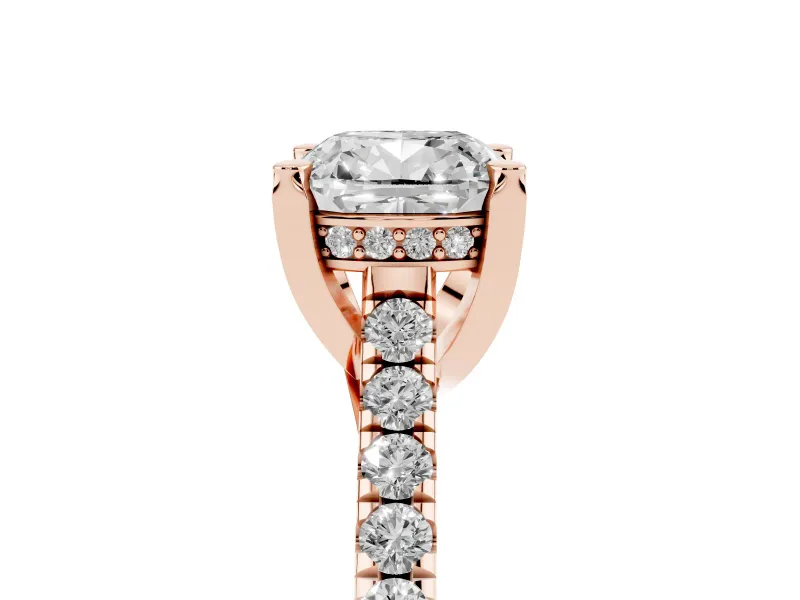 Cushion Cut Hidden Halo Pave Engagement Ring Setting | Claw Prongs | Rose Gold