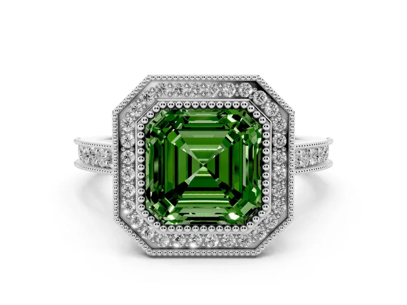 Fancy Green Asscher Cut Diamond Halo Milgrain Pavé Band Ring Set in Platinum with Prong Setting