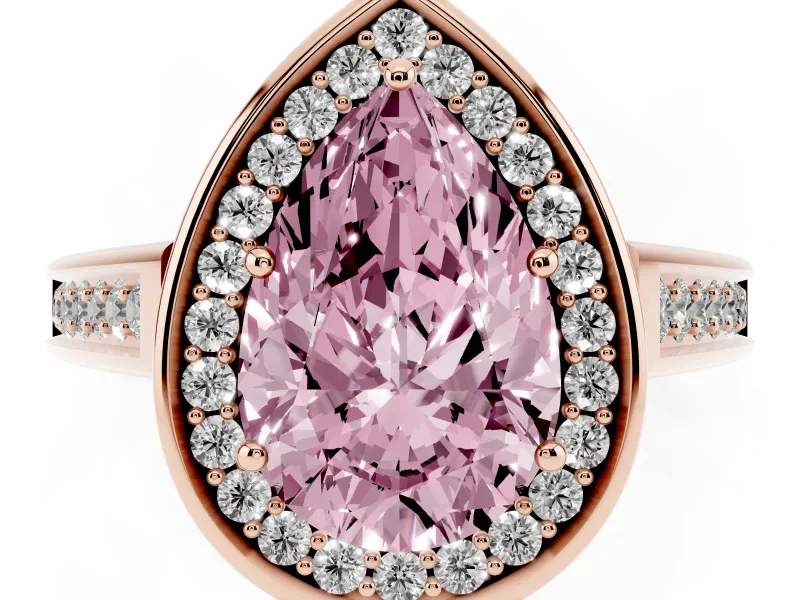 Fancy Pink Pear Cut Diamond Halo Solitaire Ring Set in Rose gold with Pavé Band and Bezel Setting