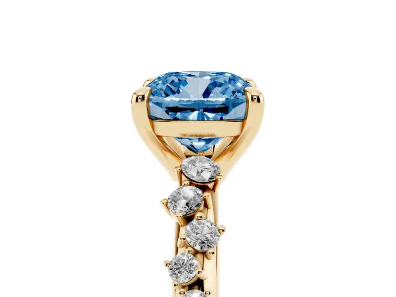 Cushion Cut Graduated Engagement Ring Setting for a Fancy Blue Lab-Grown Diamond | Yellow Gold