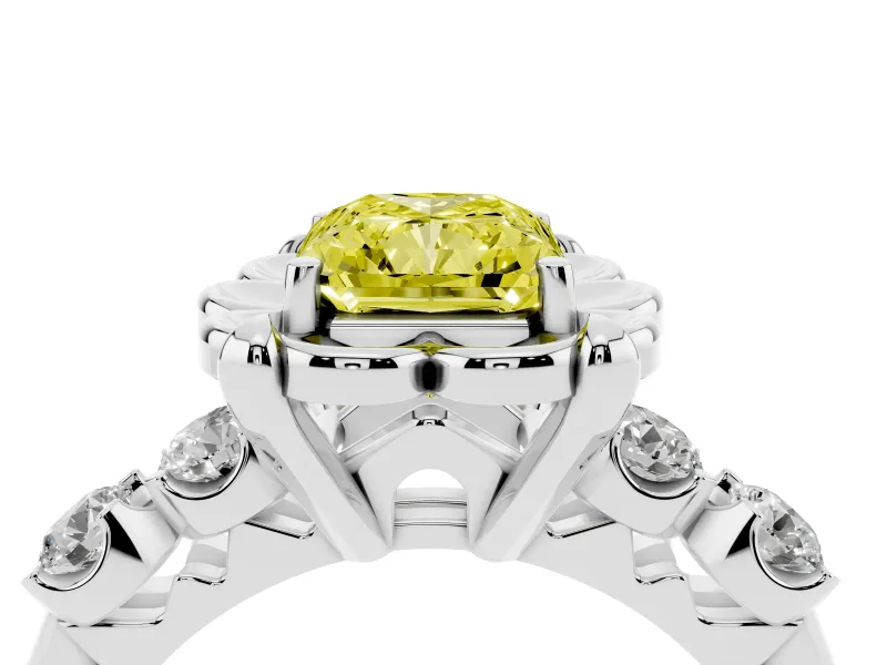 Fancy Yellow Radiant Cut Diamond Floral Halo Ring Set in Silver with Shared Prong Band