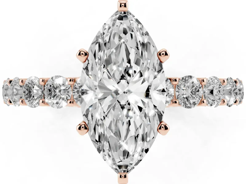 Marquise Cut Diamond Solitaire Ring Set in Rose gold with Shared Prong Pavé Band