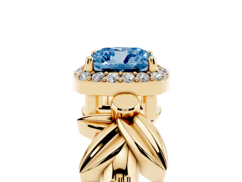 Cushion Cut Floral Halo Engagement Ring Setting for a Fancy Blue Lab-Grown Diamond | Yellow Gold