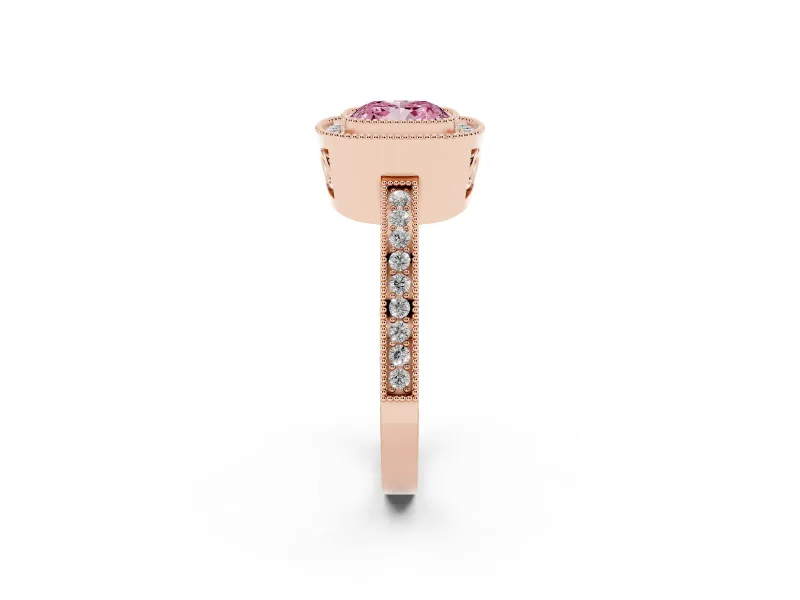 Fancy Pink Cushion Cut Diamond Halo Ring Set in Rose gold with Pavé Band and Milgrain-Edged Prongs