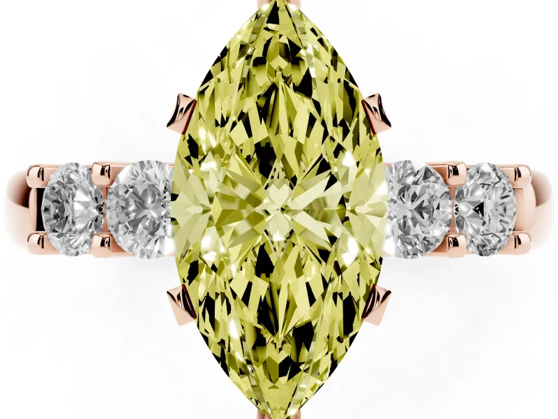 Fancy Yellow Marquise Cut Diamond Five-Stone Prong Set Engagement Ring Set in Rose gold with Channel Band