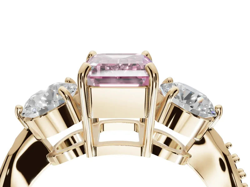 Emerald Cut Three Stone Engagement Ring Setting for a Fancy Pink Lab-Grown Diamond | Tapered Pave Band | Yellow Gold