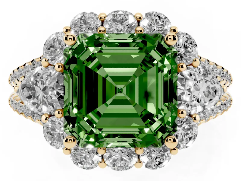 Fancy Green Asscher Cut Diamond Halo Split Shank Engagement Ring Set in Yellow gold with Prong-Held Center Stone