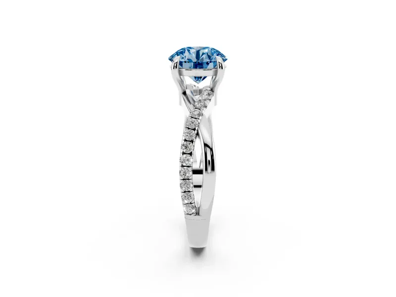 Fancy Blue Round Cut Diamond Twist Band Solitaire Set in Silver with Pavé Accents and Prong Setting