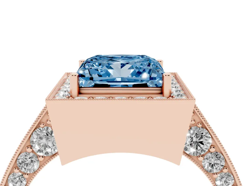 Princess Cut Milgrain Halo Engagement Ring Setting for a Fancy Blue Lab-Grown Diamond | Side Stones | Rose Gold