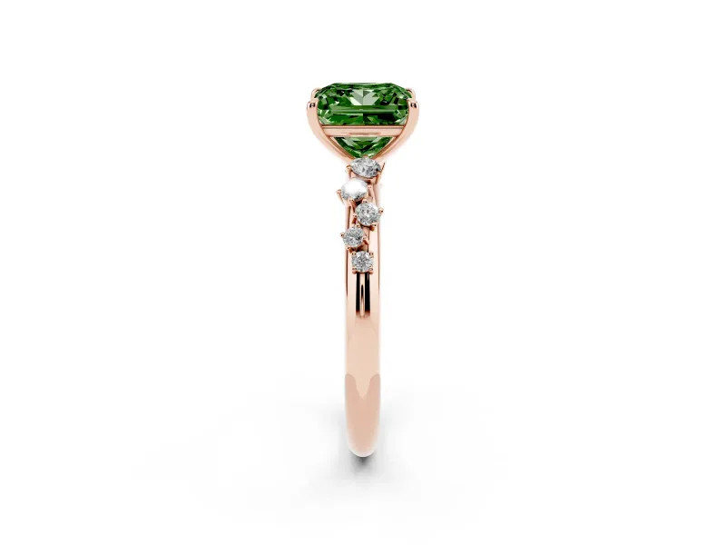 Fancy Green Princess Cut Diamond Cluster Solitaire Ring Set in Rose gold with Prong Setting