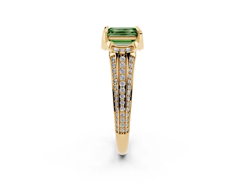 Fancy Green Emerald Cut Diamond Pavé Split Shank Solitaire Ring Set in Yellow gold with Prong Setting