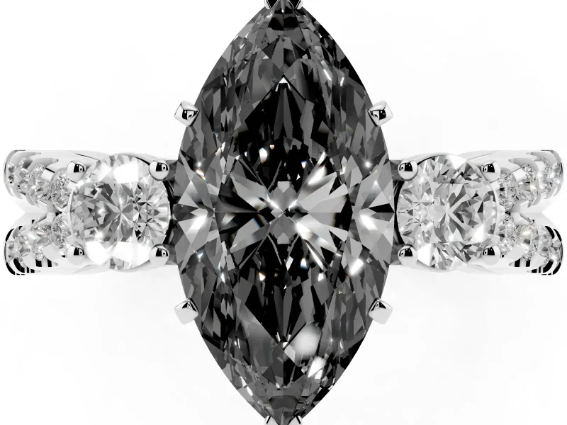 Fancy Black Marquise Cut Diamond Three-Stone Ring Set in White gold with Pavé Split Shank and Prong Setting
