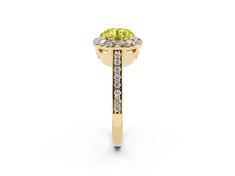 Fancy Yellow Round Cut Diamond Floral Halo Ring Set in Yellow gold with Pavé Band and Prong Setting
