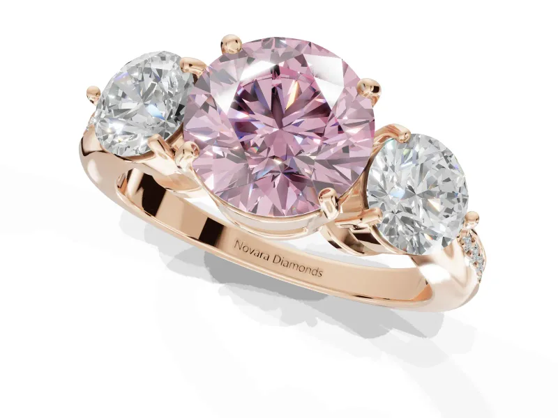 Round Three Stone Engagement Ring Setting for a Fancy Pink Lab-Grown Diamond | Tapered Pave Band | Rose Gold