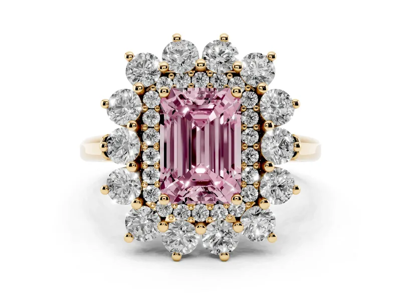 Fancy Pink Emerald Cut Diamond Floral Double Halo Ring Set in Yellow gold with Round Petals