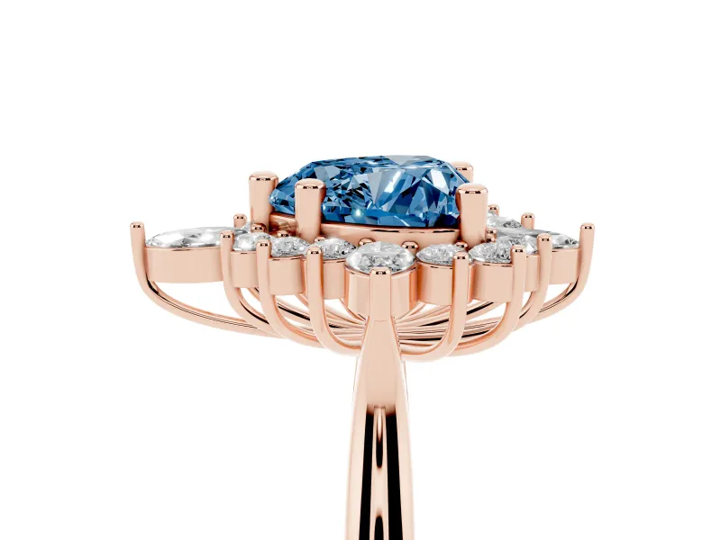 Fancy Blue Heart Cut Diamond Cluster Halo Ring Set in Rose gold with Marquise and Round Accents