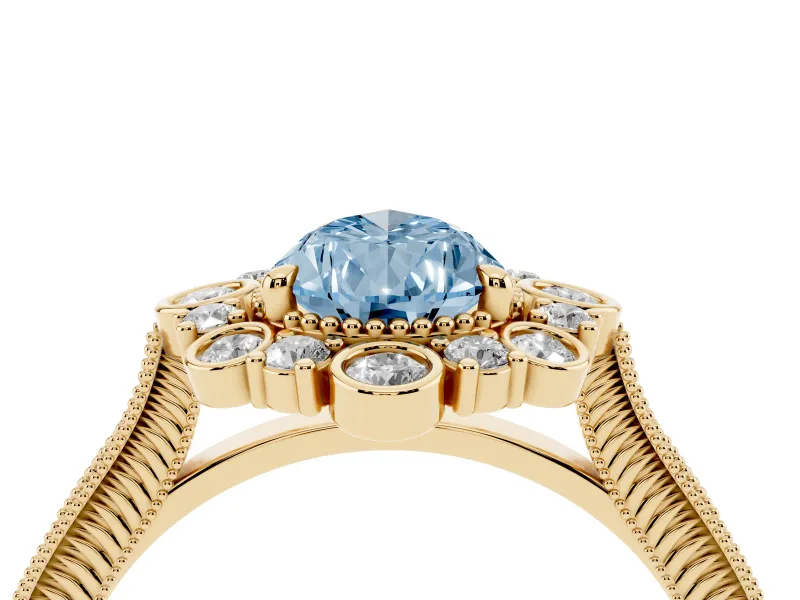 Fancy Blue Pear Cut Diamond Halo Milgrain Pavé Ring Set in Yellow gold with Prong Setting
