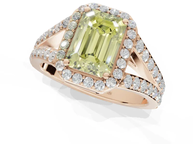 Emerald Cut Halo Pavé Engagement Ring Setting for a Fancy Yellow Lab-Grown Diamond | Narrow Split Shank | Rose Gold