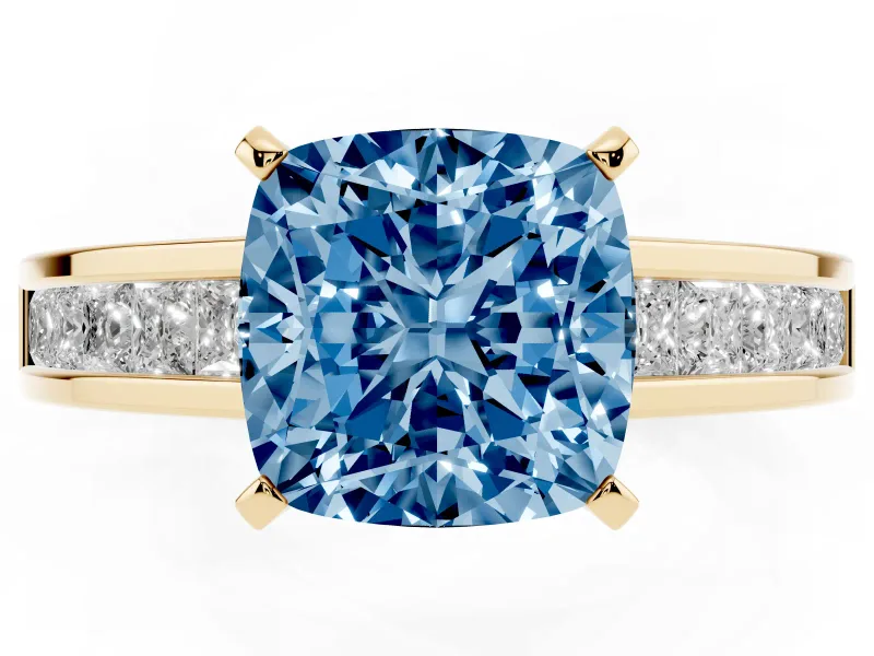 Cushion Cut Channel Engagement Ring Setting for a Fancy Blue Lab-Grown Diamond | Yellow Gold