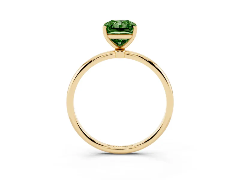 Fancy Green Radiant Cut Diamond Solitaire Engagement Ring Set in Yellow gold with Thin Band and Prong Setting