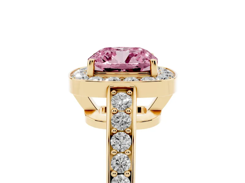 Fancy Pink Cushion Cut Diamond Halo Pavé Engagement Ring Set in Yellow gold with Bezel Setting