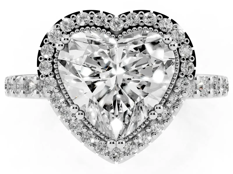 Heart Cut Diamond Halo Engagement Ring Set in Silver with Milgrain Detail and Pavé Band
