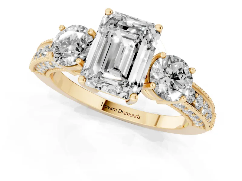 Emerald Cut Vintage Three Stone Engagement Ring Setting | Graduated Milgrain Pave | Yellow Gold