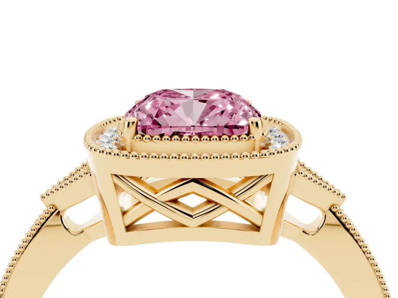 Fancy Pink Cushion Cut Diamond Halo Engagement Ring Set in Yellow gold with Milgrain Pavé Band