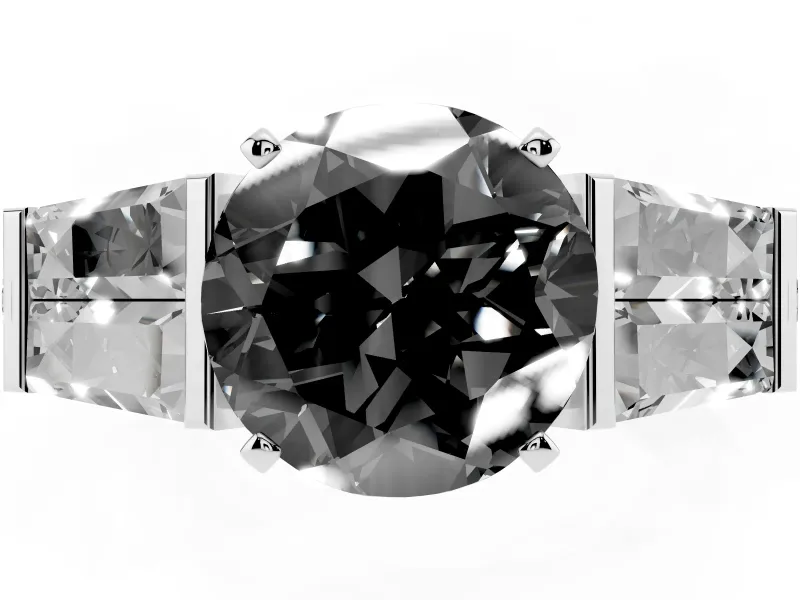 Fancy Black Round Cut Diamond Engagement Ring Set in Platinum with Baguette Side Stones and Channel Set Band