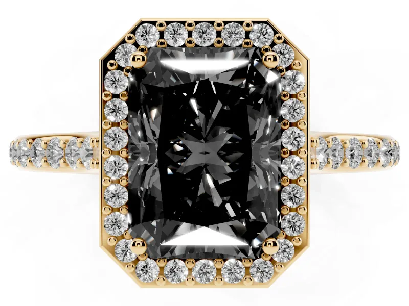Radiant Cut Pavé Halo Engagement Ring Setting for a Black Center | Yellow Gold